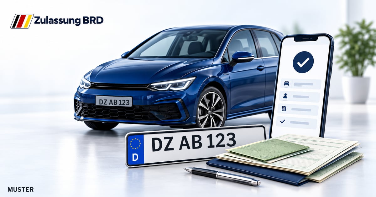 Online Fahrzeugzulassung in Taucha: Musterkennzeichen DZ AB 123, Auto und Fahrzeugpapiere und Smartphone. Illustration mit Logo von Zulassung BRD.